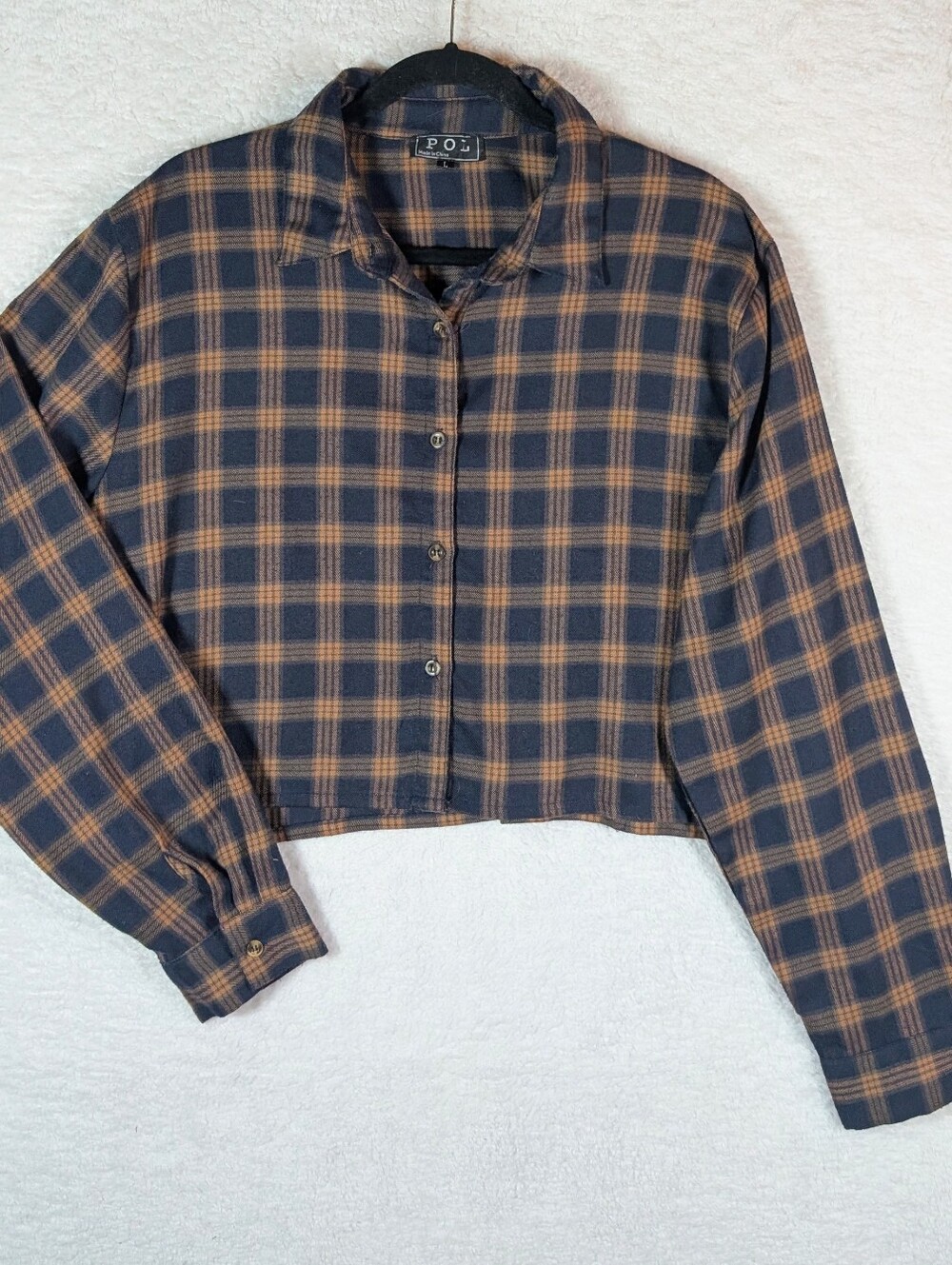POL Navy and Camel Plaid Button-Up Shirt